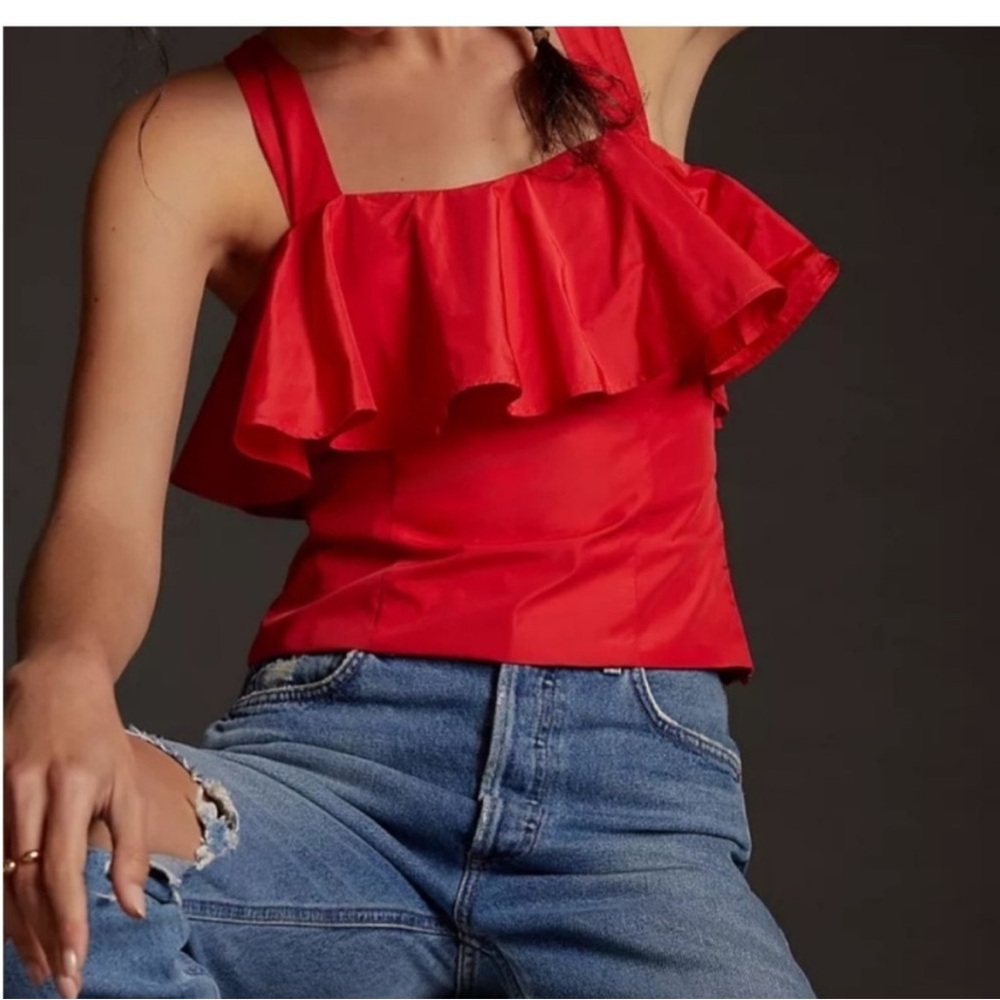 Anthropologie Red Ruffled Square-Neck Tank